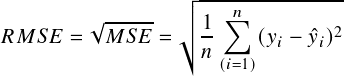         -----  √√√ ---∑︁𝑛---------
N 𝑀𝑆𝐸 = √𝑀𝑆𝐸   =   1-   (𝑦𝑖 - ˆ𝑦𝑖)2
                  𝑛(𝑖=1)
    